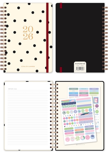 2026 Spiralli Günlük Ajanda 12 Aylık 17x24 Cm Puantiye Puantiye