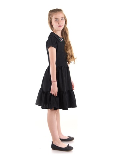 Ahengim Kız Çocuk Düğmeli Yaka Nakışlı Elbise Trend Pamuklu Pamuklu Ak2523 Siyah