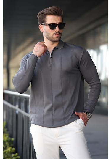 Antrasit Polo Yaka Fermuarlı Erkek Kazak E7427 Antrasit