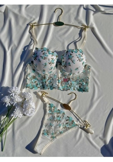 Arona Kadın Destekli Büstiyer Takımı Beyaz Üzeri Yeşil Çiçek Desenli Çiçek Desenli Beyaz