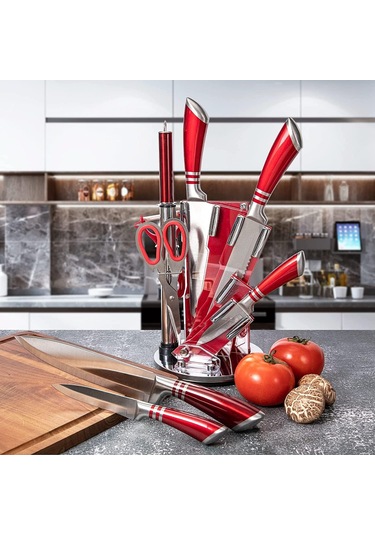 Bıçak Seti, Bileme, Makas, Sopa Paslanmaz Çelik Kırmızı İle 9 Parçalı Mutfak Bıçağı Seti Kırmızı