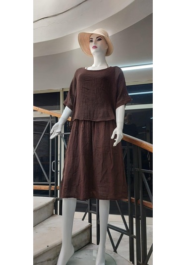 İtalyan Müslin Keteni Üstü File Bluzlu Astarlı Tek Parça Elbise Kahve Rengi Kahverengi