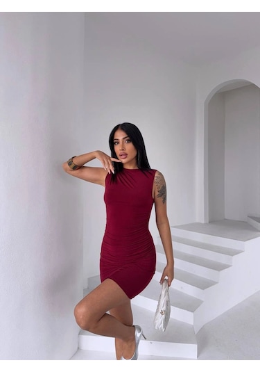 Modalima Bordo Drapeli Sandy Kumaş Elbise Çok Renkli