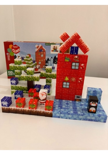 155 Parça Manyetik Bloklar Küp Blok Kar Ve Noel Temalı Yapı Taşı 2.0 Cm