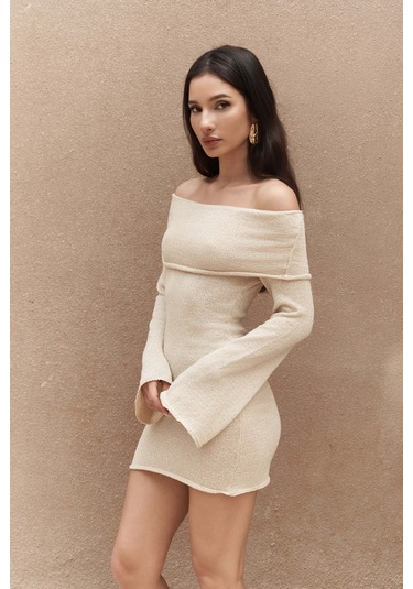 Kirana Carmen Yaka Bej Mini Triko Elbise Bej