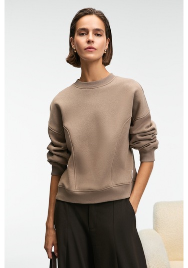 Grımelange Serenya Kadın Pamuklu Etiket Detaylı Bisiklet Yaka Vizon Sweatshirt Vizon