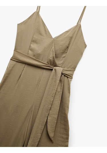 Koton Aerobin Kumaş Kuşak Detaylı Kruvaze Askılı Geniş Paça Uzun Saten Tulum Ada Çayı 5sak40508pw Açık Yeşil