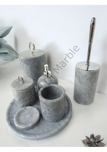 Gri Mermer Klasik Model 7 Parça Gümüş Renk Halka Aksesuarlı Banyo Seti Gri