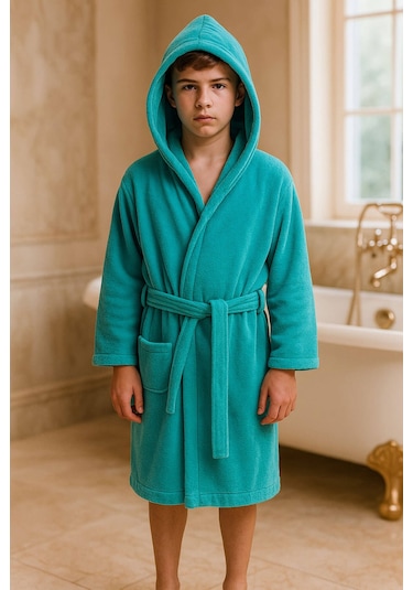 Genç Kız / Erkek Çocuk Kapşonlu Garson Boy Kadife Bornoz %100 Pamuklu Turkuaz