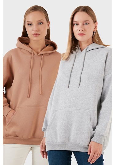 Lela Regular Fit Pamuklu Kapüşonlu Yaka Şardonlu Kışlık 2'Li Paket Bayan Sweat 5863854S2 Gri Melanj-Bisküvi