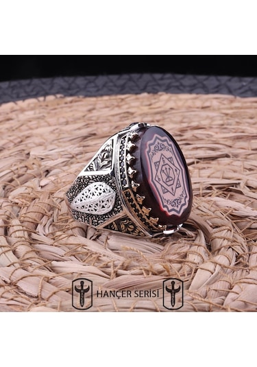 İpek Silver 925 Ayar Gümüş Sıkma Kehribar Taşlı Oğuz Kağan Mührü Desenli Erkek Yüzük