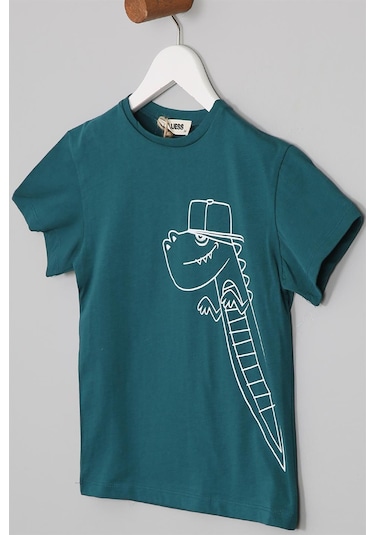 Luess Dinazor Baskılı Regular Fit Kısa Kollu Erkek Çocuk Tişört  Yeşil