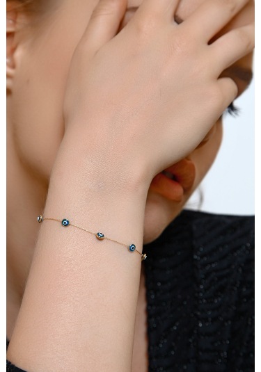 Altın Göz Bileklik Tamamı Nazar Boncuklu - 19 Cm / Sarı Sarı Altın