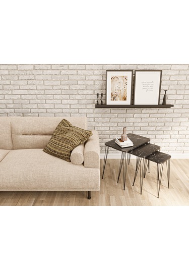 Zigon Sehpa 3'lü Dikdörtgen Siyah Tel Ayaklı Siyah Mermer