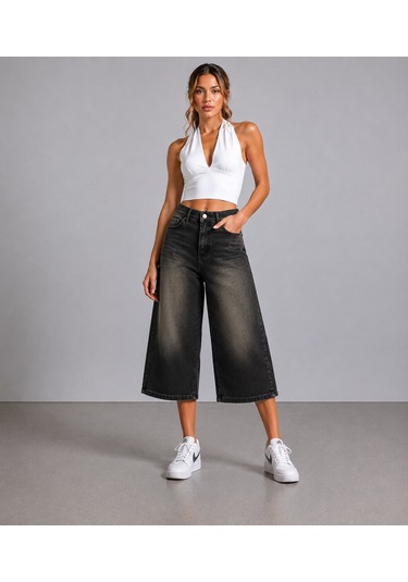 St.poll Kahve Yıkma Unisex Baggy Şortolon Siyah