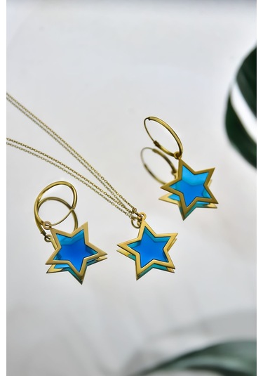 Papatya Silver 925 Ayar Gümüş Gold Kaplama Parlayan Rüya Serisi Tasarım Ebruli Cam Boyalı Yıldız Kolye ve Küpe Set