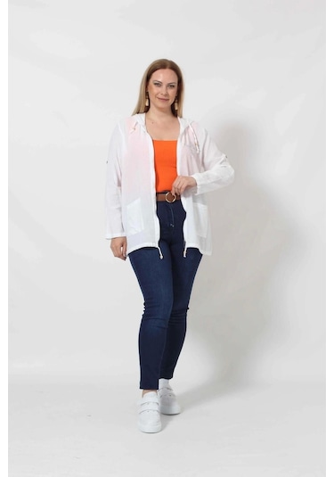Moda Berray B1016b Beyaz Yıldız Baskılı Kapüşonlu Fermuarlı Ceket Beyaz