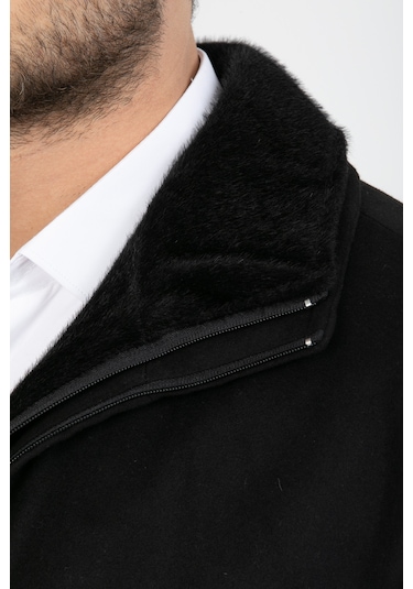 Erkek Siyah Yün Karışım Çift Yaka Kürklü Önü Fermuarlı Kaşe Kaban Siyah