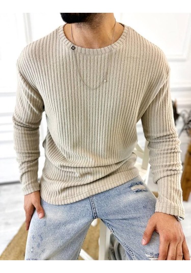 Uzun Kollu Tişört Fitilli Bisiklet Yaka Yumuşak Dokulu Tüylenmez Pamuklu Kazak Sweatshirt Krem