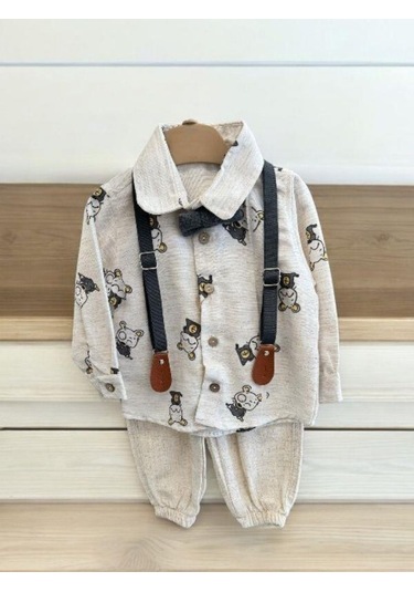 Erkek Bebek 4 Lü Pantolon Askılı Gömlek Papyonlu Takım-14129 Krem