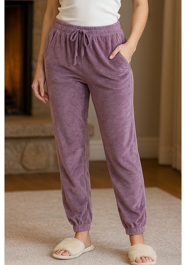 Kadın Paçası Lastikli Cep Detaylı Kadife Kumaş Tek Alt 503 Lila Lila