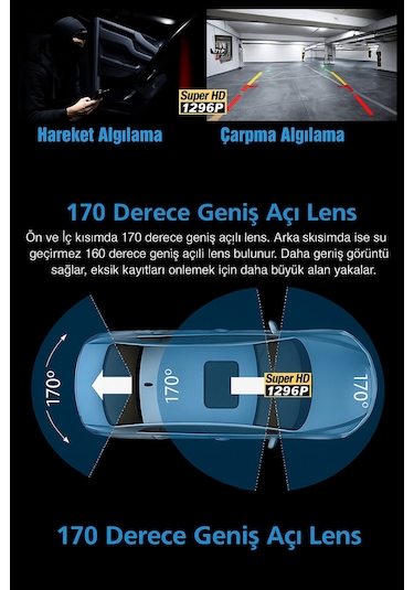3 Kamerali Arac Guvenlik Kamerasi - 1296p On + Ic + Arka - Wifi - 24s Park Modu - G-sensor