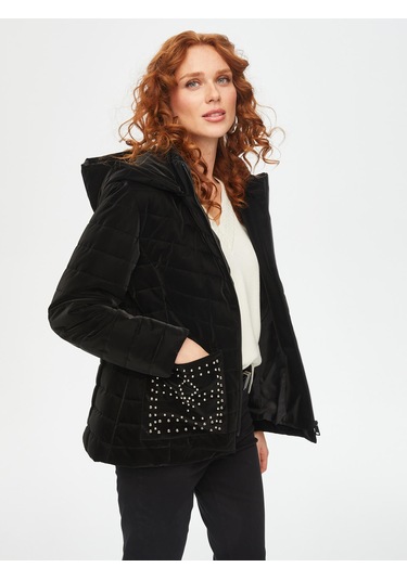 Trok Cepli Kadife Görünümlü Kapüşonlu Kapitone Mont 69435 U6943510 Siyah