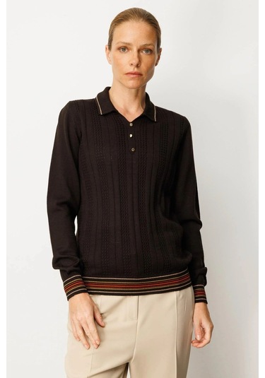 Desen Triko Polo Yaka Simli Çizgili Kadın Yün Bluz 25080d Kahve