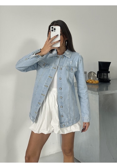 Blue Marlin Kadın Buz Mavi Lazer Yirtik Detayli Boyfriend Kot Ceket Mavi