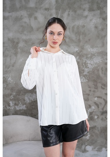 Çizgili Klasik Kadın Gömlek Beyaz
