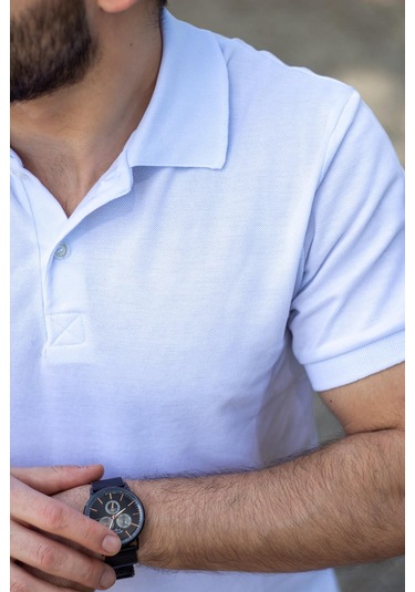 Erkek Beyaz Rahat %100 Pamuk Ribana Kol Polo Yaka T-shirt 24eplypope 001