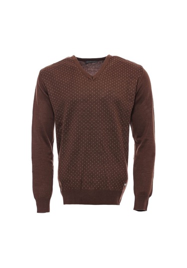 Açık Kahve Nokta Desenli V Yaka Kazak 001