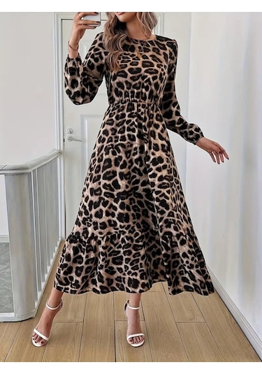 Emh Store Uzun Kollu Bisiklet Yaka Leopar Desenli Midi Süprem Elbise Leopar