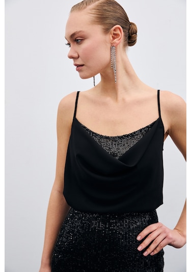 Sateen Degaje Yaka Bluz - Siyah-132140