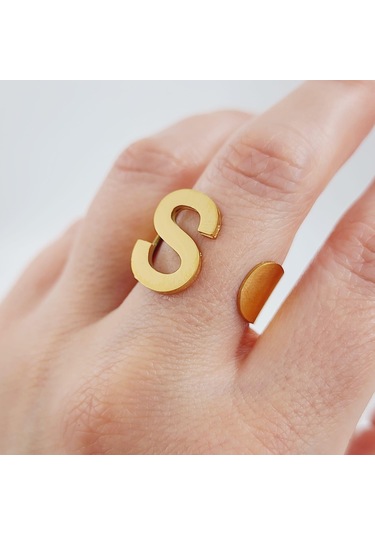 Çelik Gold Düz Kesim Harf Yüzük -s Harfi- Ayarlı Ölçü-1906