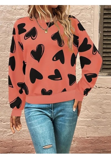 Kadın Uzun Kollu Bisiklet Yaka Kalp Desenli Iki Iplik Bluz Turuncu