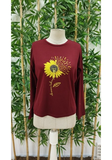 Leyla Sanat Sanata Yeni Bir Bakış Açısı Kadın Uzun Kollu Bisiklet Yaka Ayçiçeği Desenli Viskon Bluz Bordo
