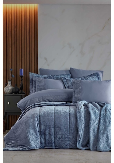 Elart Çeyiz Paketi 10 Parça Yatak Örtüsü+nevresim Takımı+battaniye Nüans Mavi