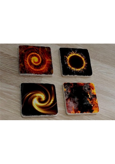 Güneş Tutulması Ve Kozmik Görüntüler Doğal Taş Bardak Altlığı 4'lü Set - Natural Stone Coasters - Taş Çok Renkli