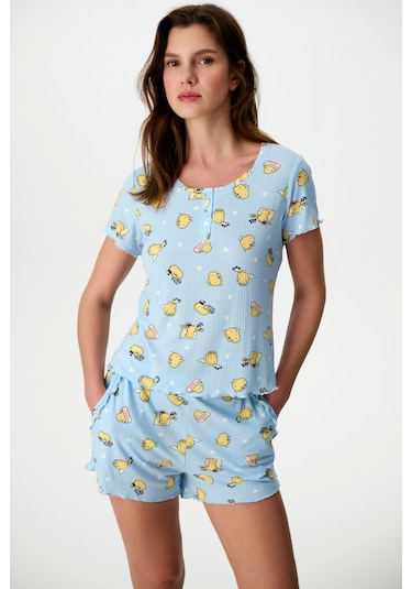 Penti Açık Mavi Happine Rib Şortlu Pijama Takımı Açık Mavi
