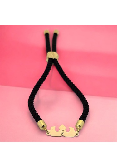 Ğ Harfine Özel 14 Ayar Altın Plakalı Siyah İpek Örgülü Taç Figürlü Hediye Bileklik-507harf Ğ