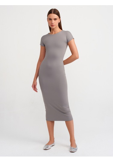 Dilvin Bisiklet Yaka Uzun Elbise Gri