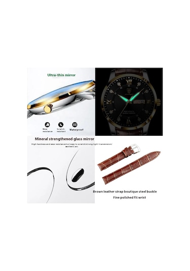 Poedagar 836 Aydınlık Çift Takvim Erkek Saati Gümüş Kabuklu Siyah Deri Kemer