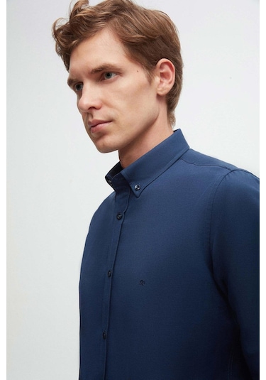 Ds Damat Slim Fit İndigo Oxford Düğmeli Yaka Kolay Ütülenebilir Nakış Detaylı Pamuklu Gömlek 4HC02ORT03265 İndigo