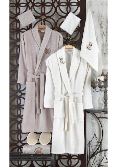 Güvenal Rüya 10 Parça Nakışlı Bornoz Seti Bornoz Takımı Çeyiz Seti 4 Beyaz