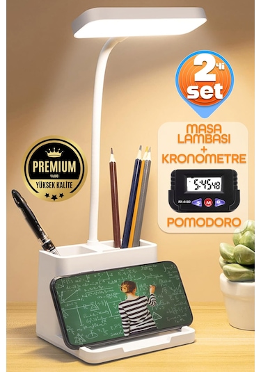 2li Set Şarjlı Masa Lambası + Kronometreli Öğrenci Saati Renk Ayarlı Ders Çalışma Okuma Lambası Q108 Beyaz