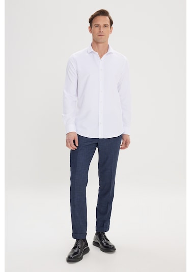 AC&Co / Altınyıldız Classics Erkek BEYAZ Slim Fit Dar Kesim İtalyan Yaka Armürlü Pamuklu Basic Gömlek Beyaz