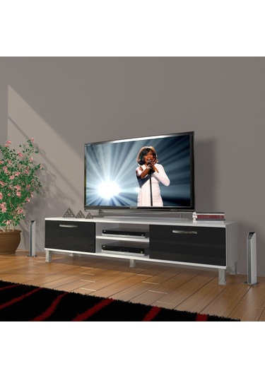 Decoraktiv Eko 140 Mdf Dvd Krom Ayaklı Tv Ünitesi Tv Sehpası - Beyaz - Siyah Beyaz - Siyah