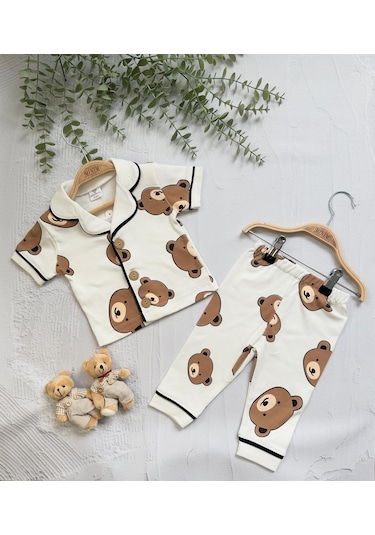 Ayıcık Baskılı Yazlık Pijama Takımı -1163 Beyaz