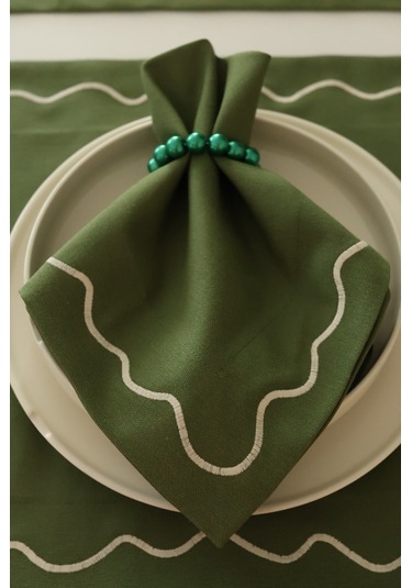 Yakacihome Florina Yeşil 4amerikanservis,1runner,4peçete, 4peçetehalkası Duck Keten Yıkanabilir Leke Tutmaz Set Haki